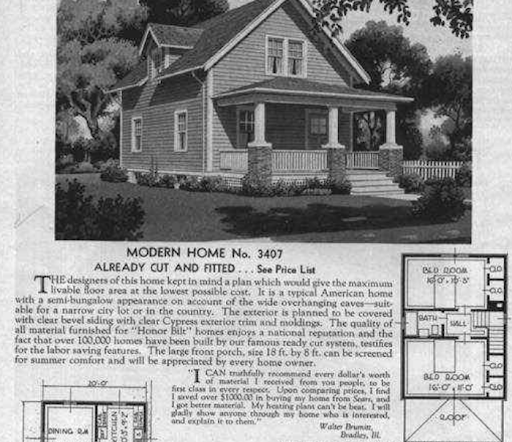 Craftsman house plans: Historic Sears Modern Home No. 3407 catalog listing with a Craftsman bungalow elevation and | Monster House Plans