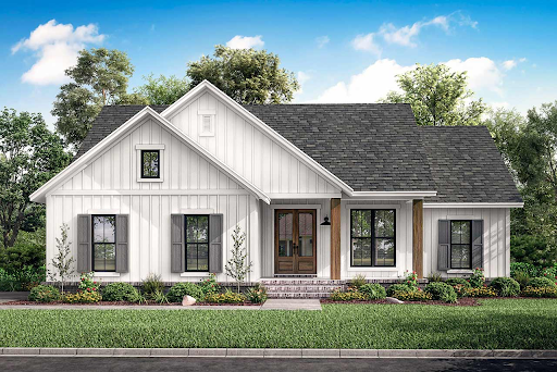 Affordable House Plans house plans: Affordable house plan 50-394 exterior with board-and-batten siding, a gabled | Monster House Plans