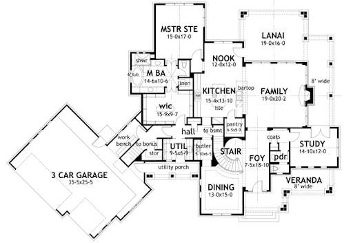 Barndominium house plans: Barndominium house plan floor layout with a three-car garage, great room, lanai, and split | Monster House Plans