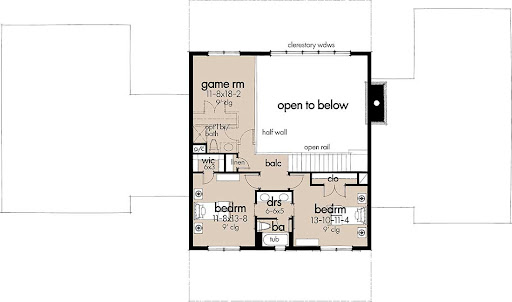 Barndominium house plans: Barndominium house plan floor layout with an open living area, game room, and two bedrooms | Monster House Plans