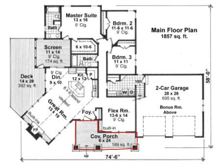 Bungalow house plans: Bungalow house plan main floor layout, 1,857 sq ft with a master suite, great room, and two-car | Monster House Plans