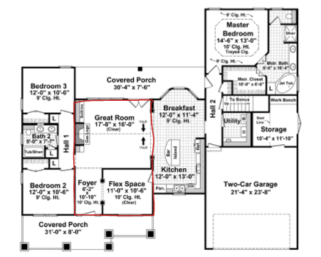 Bungalow house plans: Bungalow house plan floor layout with covered front and rear porches, three bedrooms, and a | Monster House Plans