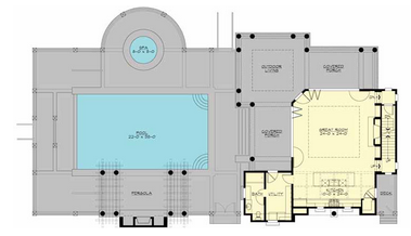 Carriage house plans: Carriage style house plan floor layout with a pool, courtyard, and attached garage | Monster House Plans