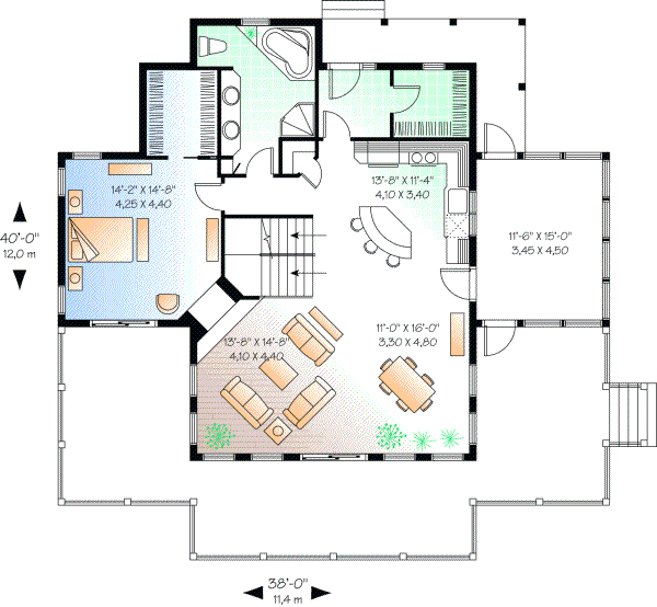 Coastal house plans: Coastal house plan floor layout with an open great room, covered porch, and rear deck | Monster House Plans