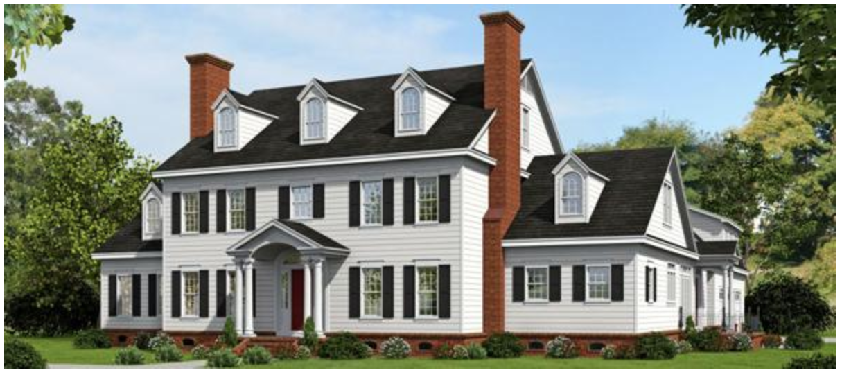 Colonial house plans: Colonial house plan exterior with a symmetrical facade, dormer windows, and twin brick chimneys | Monster House Plans