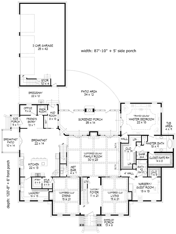 Colonial house plans: Colonial house plan floor layout with a three-car garage, screened porch, and master bedroom | Monster House Plans