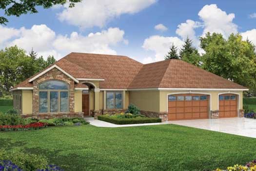 Contemporary house plans: Contemporary house plan exterior with stone accents, arched windows, and an attached | Monster House Plans