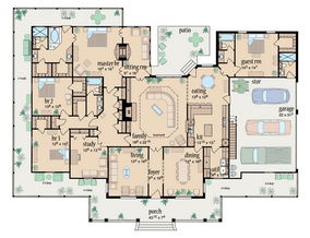 Country house plans: Country house plan floor layout with a master suite, family room, study, and attached garage | Monster House Plans