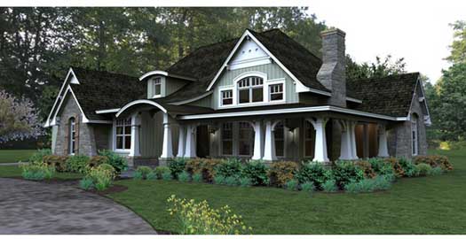 Country house plans: Country house plan exterior with shingle siding, a stone base, and a deep covered front porch | Monster House Plans