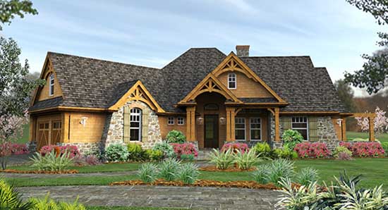 Country house plans: Country house plan exterior with stone and timber detailing, a gabled entry, and covered porch | Monster House Plans