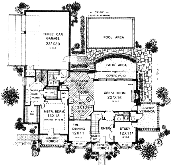 New England Colonial house plans: New England Colonial house plan main floor layout with a great room, three-car | Monster House Plans