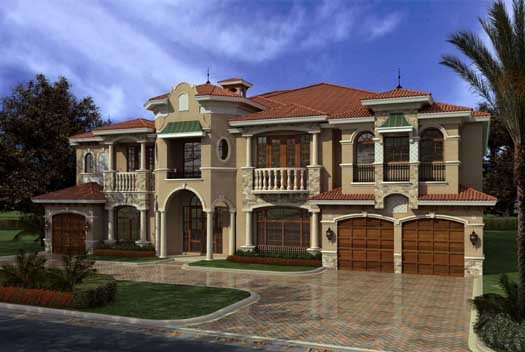 Florida house plans: Florida house plan exterior with stucco walls, a barrel tile roof, and arched garage entries | Monster House Plans