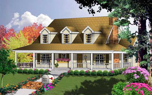 Farmhouse house plans: Farmhouse house plan exterior with a wraparound porch, dormer windows, and a metal roof | Monster House Plans