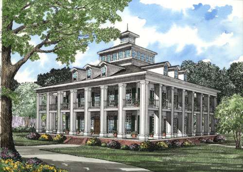 Farmhouse house plans: Southern farmhouse house plan exterior with full-height columns and double-tier porches | Monster House Plans