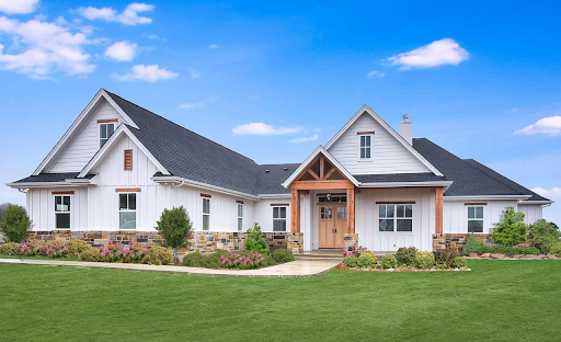 5 Bedrooms house plans: Five bedroom house plan exterior with modern farmhouse styling and a covered front entry | Monster House Plans