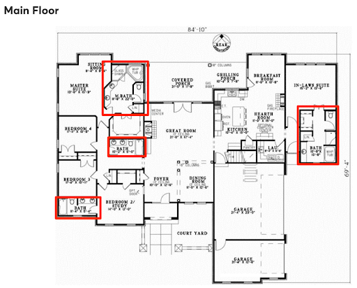 5 Bedrooms house plans: Five bedroom house plan main floor layout with a great room, breakfast nook, and front | Monster House Plans