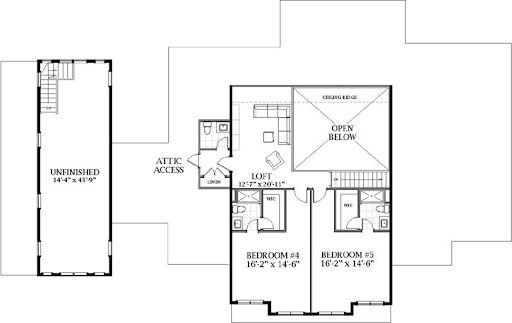 5 Bedrooms house plans: Five bedroom house plan upper floor layout with two bedrooms, a loft, and unfinished attic | Monster House Plans