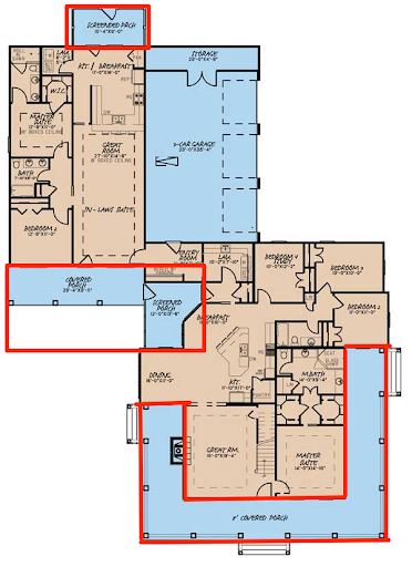 5 Bedrooms house plans: Five bedroom house plan floor layout with bedrooms zoned across two wings | Monster House Plans