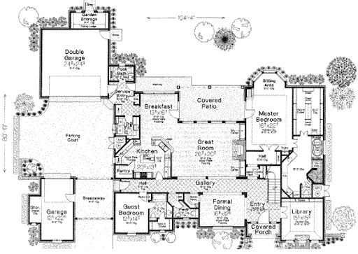 5 Bedrooms house plans: Five bedroom house plan floor layout with a double garage, covered patio, and guest bedroom | Monster House Plans