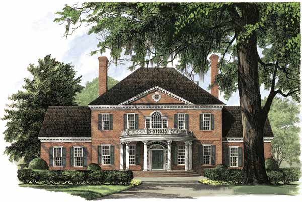 Colonial house plans: Georgian Colonial house plan exterior in red brick with a pedimented entry and paired chimneys | Monster House Plans
