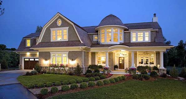 Hampton house plans: Hampton style house plan exterior with shingle siding, dormers, and a wraparound covered porch | Monster House Plans
