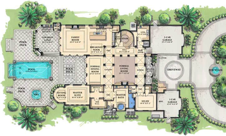 Italian house plans: Italian style house plan site layout with a central courtyard, pool, and detached guest quarters | Monster House Plans