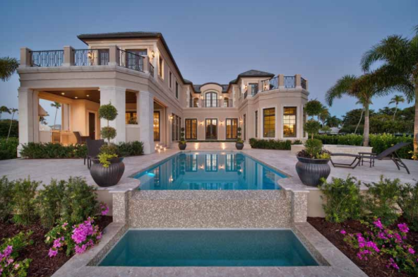 Luxury house plans: Luxury house plan exterior with a resort-style pool, covered loggia, and two-story facade | Monster House Plans