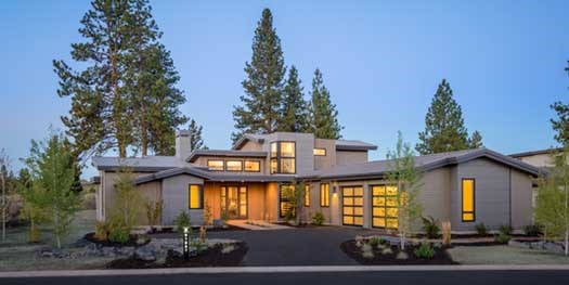Modern house plans: Modern house plan exterior with flat roof lines, large glass walls, and low-profile massing | Monster House Plans