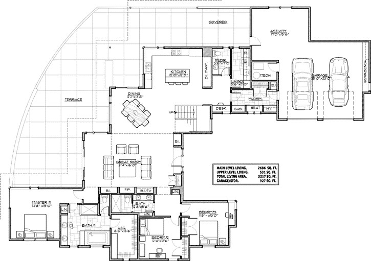 Modern house plans: Modern house plan floor layout with open living space, an attached garage, and rear terrace | Monster House Plans