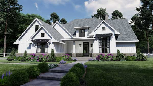 Modern Farmhouse house plans: Modern farmhouse house plan exterior with white siding, black windows, and gabled roof | Monster House Plans