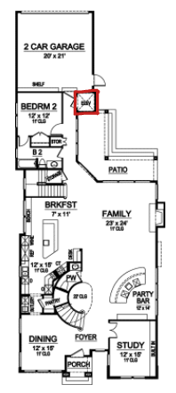 Narrow Lot house plans: Narrow lot house plan floor layout with a front-loading garage and stacked living spaces | Monster House Plans