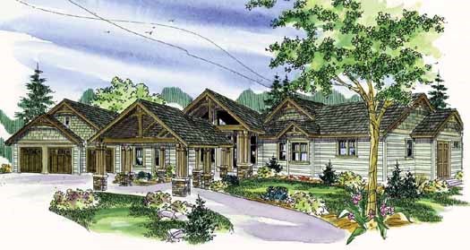 Northwest house plans: Northwest house plan exterior with wide eaves, shingle siding, and covered porches | Monster House Plans