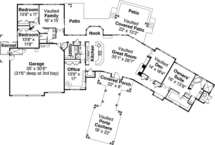 Northwest house plans: Northwest house plan floor layout with a vaulted great room, owners' suite, and oversized | Monster House Plans