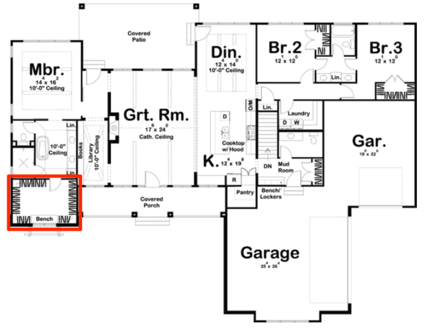 One Story Homes house plans: One story house plan floor layout with a great room, master bedroom, and two-car garage | Monster House Plans