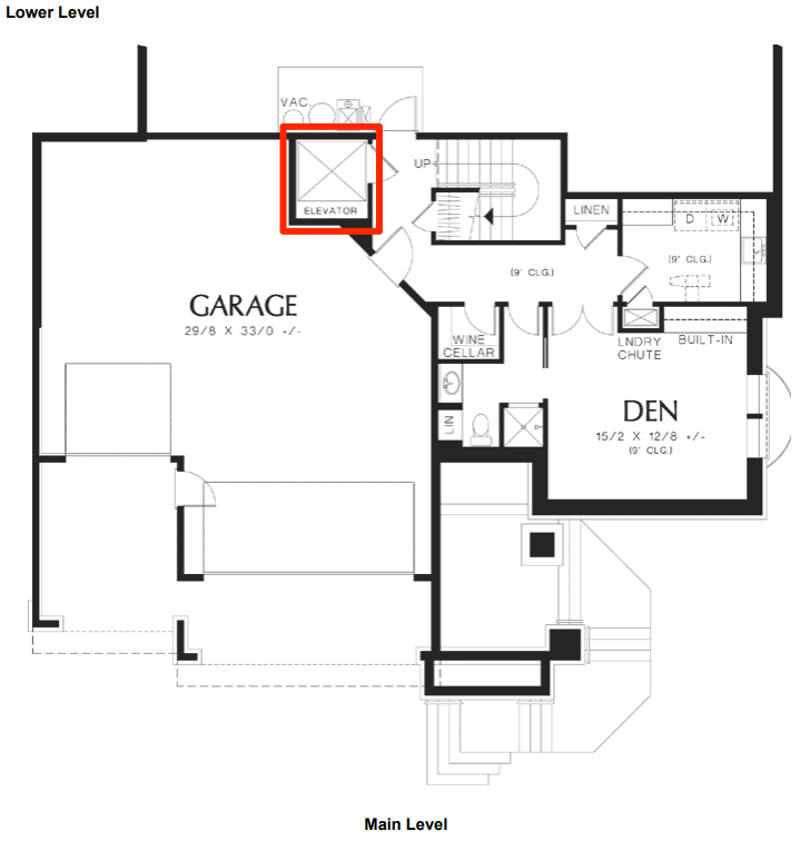 One Story Homes house plans: One story house plan lower level layout with a garage, den, and unfinished storage | Monster House Plans