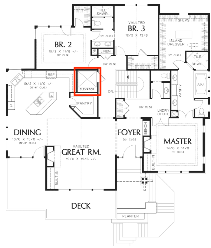 One Story Homes house plans: One story house plan main level layout with a great room, dining, master suite, and rear | Monster House Plans