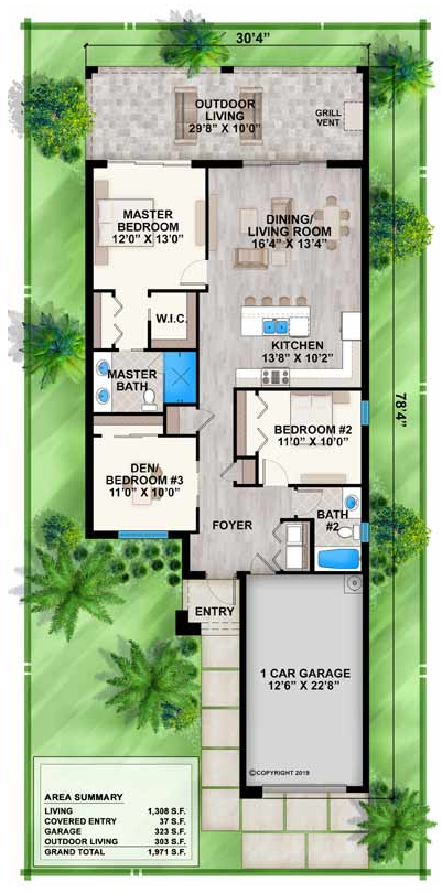 One Story Homes house plans: One story house plan floor layout for a narrow lot with a master bedroom, living area | Monster House Plans