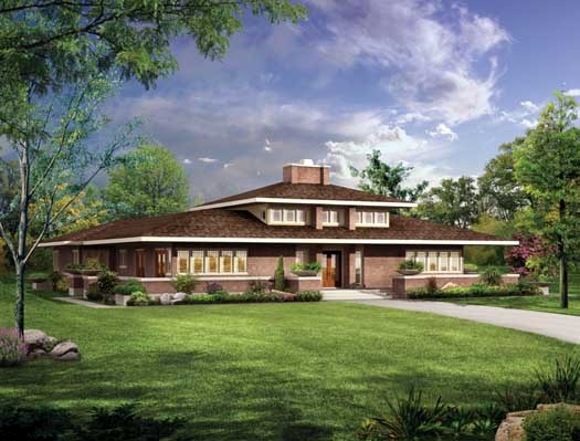 Prairie house plans: Prairie style house plan exterior with a low-pitched hipped roof, deep overhangs, and horizontal | Monster House Plans
