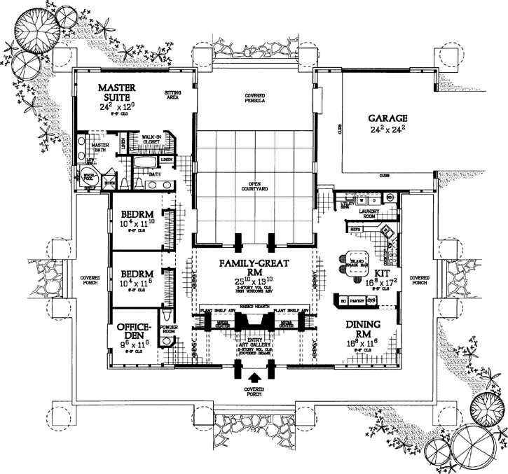 Prairie house plans: Prairie style house plan floor layout with a central family great room flanked by bedroom and | Monster House Plans