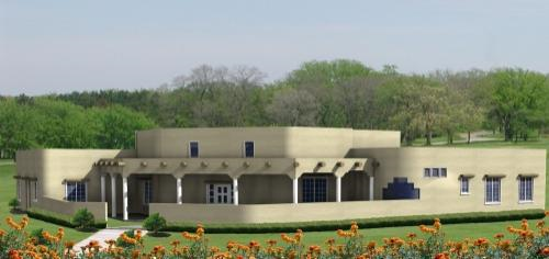 Santa Fe house plans: Santa Fe house plan exterior with adobe-style stucco walls, a flat roof, and projecting vigas | Monster House Plans
