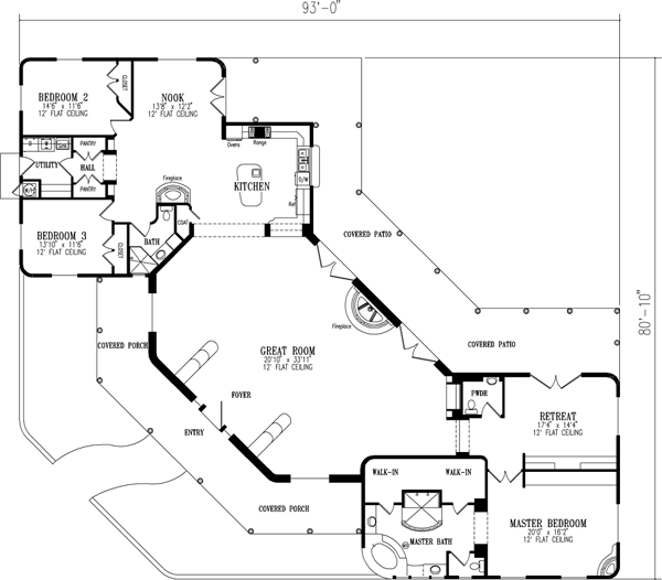 Santa Fe house plans: Santa Fe house plan floor layout with an angled great room, courtyard, and covered porches | Monster House Plans