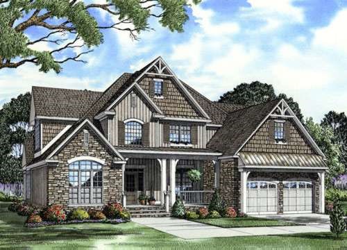 Shingle house plans: Shingle style house plan exterior with a stone base, shingle siding, and gabled entry | Monster House Plans