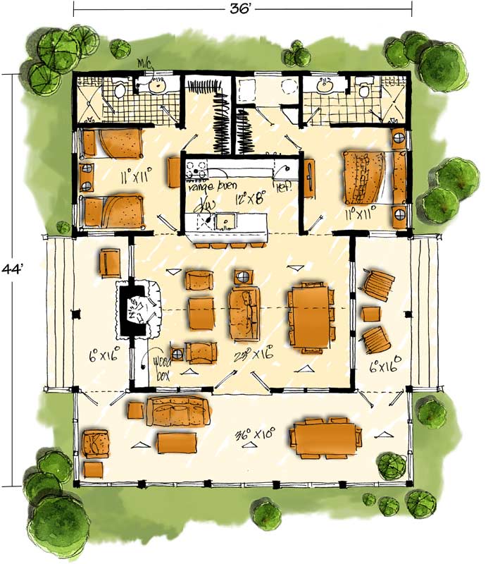 Small Homes house plans: Small house plan main floor layout with front and rear porches, a great room, and two | Monster House Plans
