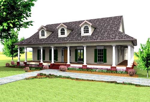 Charleston house plans: Southern house plan exterior with a full-width covered porch and dormer windows | Monster House Plans