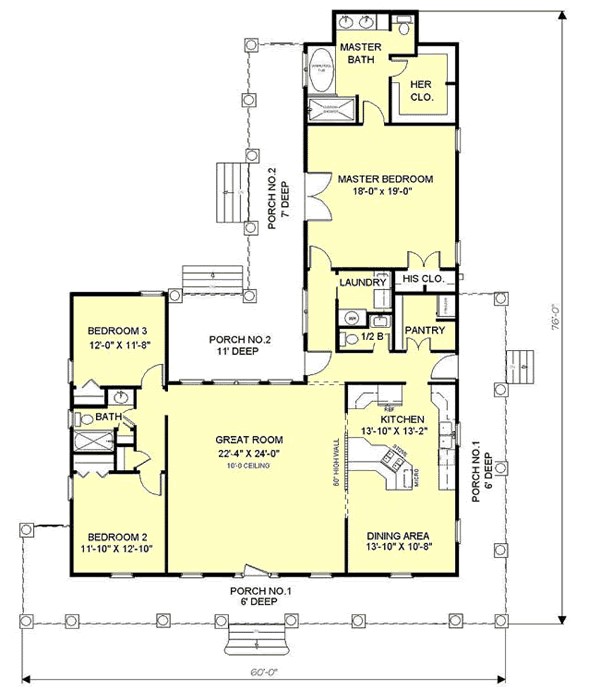 Charleston house plans: Southern house plan floor layout with wraparound porches, a great room, and three bedrooms | Monster House Plans