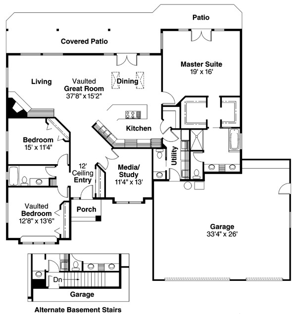 Southwestern house plans: Southwestern house plan floor layout with a vaulted great room, master suite, and covered | Monster House Plans