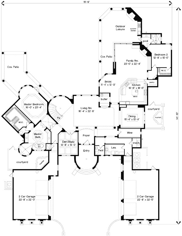 Spanish house plans: Spanish style house plan floor layout with a courtyard, great room, and attached garage | Monster House Plans