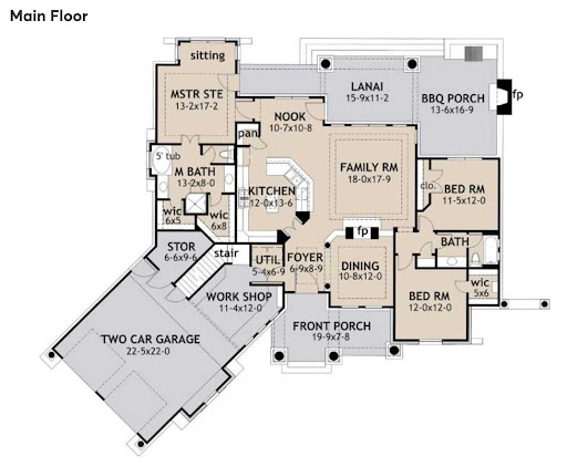 Three Bedrooms house plans: Three bedroom house plan main floor layout with a lanai, family room, and two-car garage | Monster House Plans