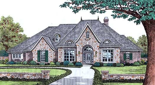 Traditional house plans: Traditional house plan exterior with a brick and stone facade, steep gables, and arched entry | Monster House Plans