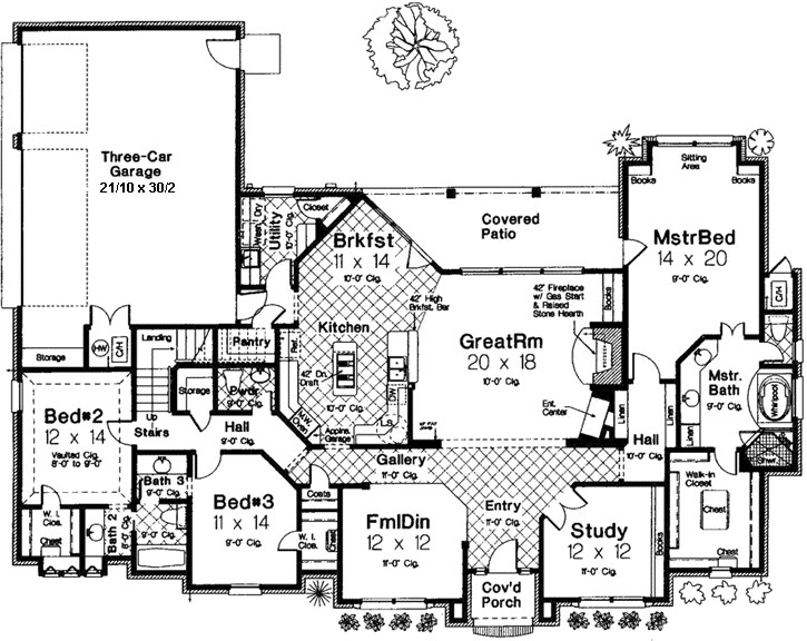 Traditional house plans: Traditional house plan floor layout with a great room, master bedroom, three-car garage, and | Monster House Plans